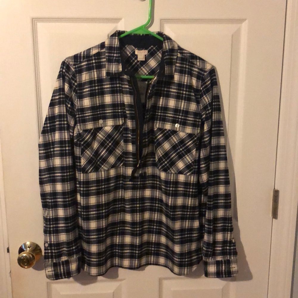 J.Crew Navy Blue and White Plaid Flannel Pullover